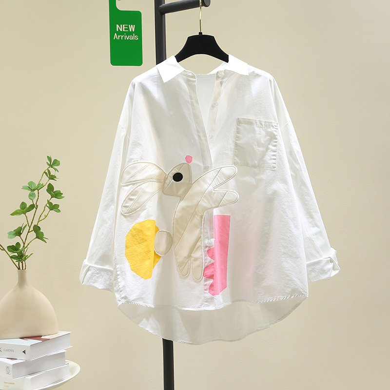 Playful and Cute Rabbit White Shirt for Women 2026 Spring New Design Loose Casual Shirt Long-Sleeved Top