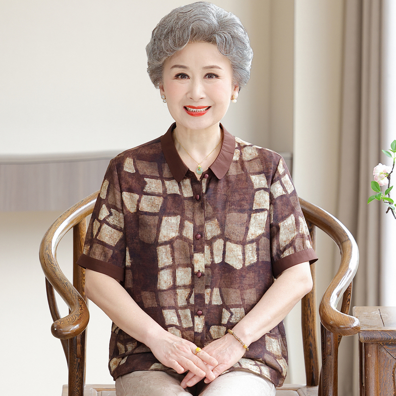 Mom's Short-Sleeved Pure Cotton and Linen Collared Shirt, Summer Clothing for 60-70 Year Old Seniors, Stylish Shirt for 80-Year-Old Grandma, Mid-Sleeve Top