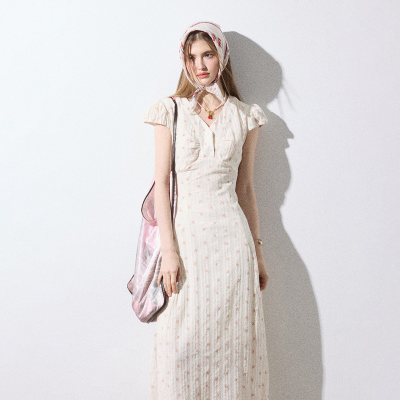 Nextdawn Southern France Summer Floral Dress Women's Summer Pastoral Vacation Style Short Sleeve Long Dress