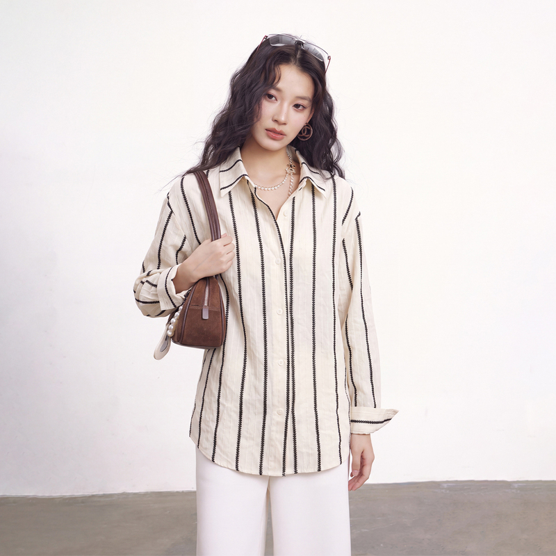 Nextdawn Cloud Shadow Stripe Long Sleeve Shirt with Wheat Stripe Pattern, Autumn Mist Style, Loose Sun Protection Shirt for Women