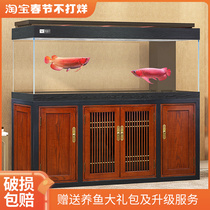 Teyus large aquarium living room bottom filter ecological gold crystal ultra-white glass Chinese high-end solid wood dragon fish tank