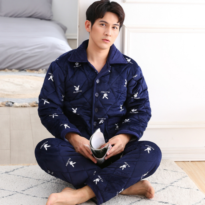Mùa đông nam ba lớp dày san hô lông cừu bộ đồ ngủ cộng với nhung trung niên cotton áo khoác pha lê cashmere dịch vụ nhà quần áo ngủ nữ