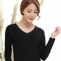 Thermal Underwear Ladies Thin Single Shirt Slim Fit V-Neck Bottom Shirt Long Sleeve Lace One Piece Shirt Underwear for Women