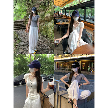 Miss 77 blogger feeling soft tencel wool button v-neck slim basic short sleeve slim t-shirt top