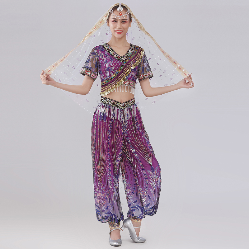 Lotus Heart Purple Indian Dance Costume for Women, Exotic Indian Sequin Belly Dance Sari with Handmade Beads, Nepalese Set Lotus Heart Purple Indian Dance Costume for Women, Exotic Indian Sequin Belly Dance Sari with Handmade Beads, Nepalese Set