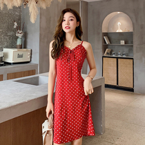 South Island wind large size womens fat sister mm red wave dot sling dress Foreign Air Age waist slim skirt