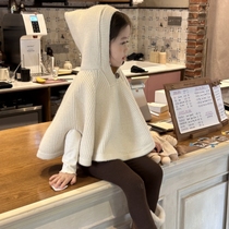 Girls shawl cape sweater 2024 new autumn baby girl fashionable loose hooded sweater jacket