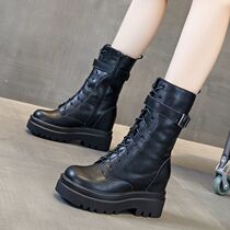 Black mid-boot womens leather 2020 winter New velvet thick-soled Inner height Martin boots English style thin boots