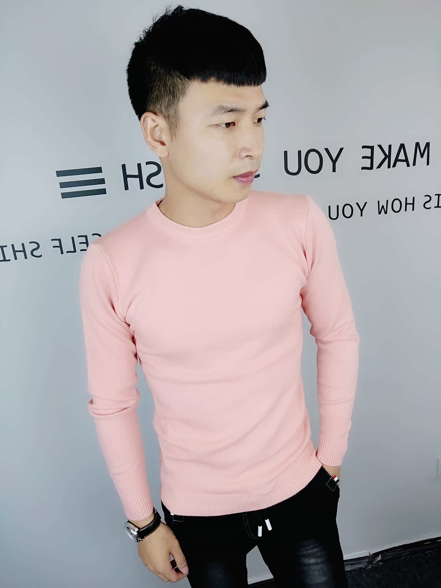 Chàng trai mùa thu đông tinh thần áo sơ mi nam tay dài màu rắn tay lửng lưới đỏ với áo len xu hướng giới trẻ thời trang nam