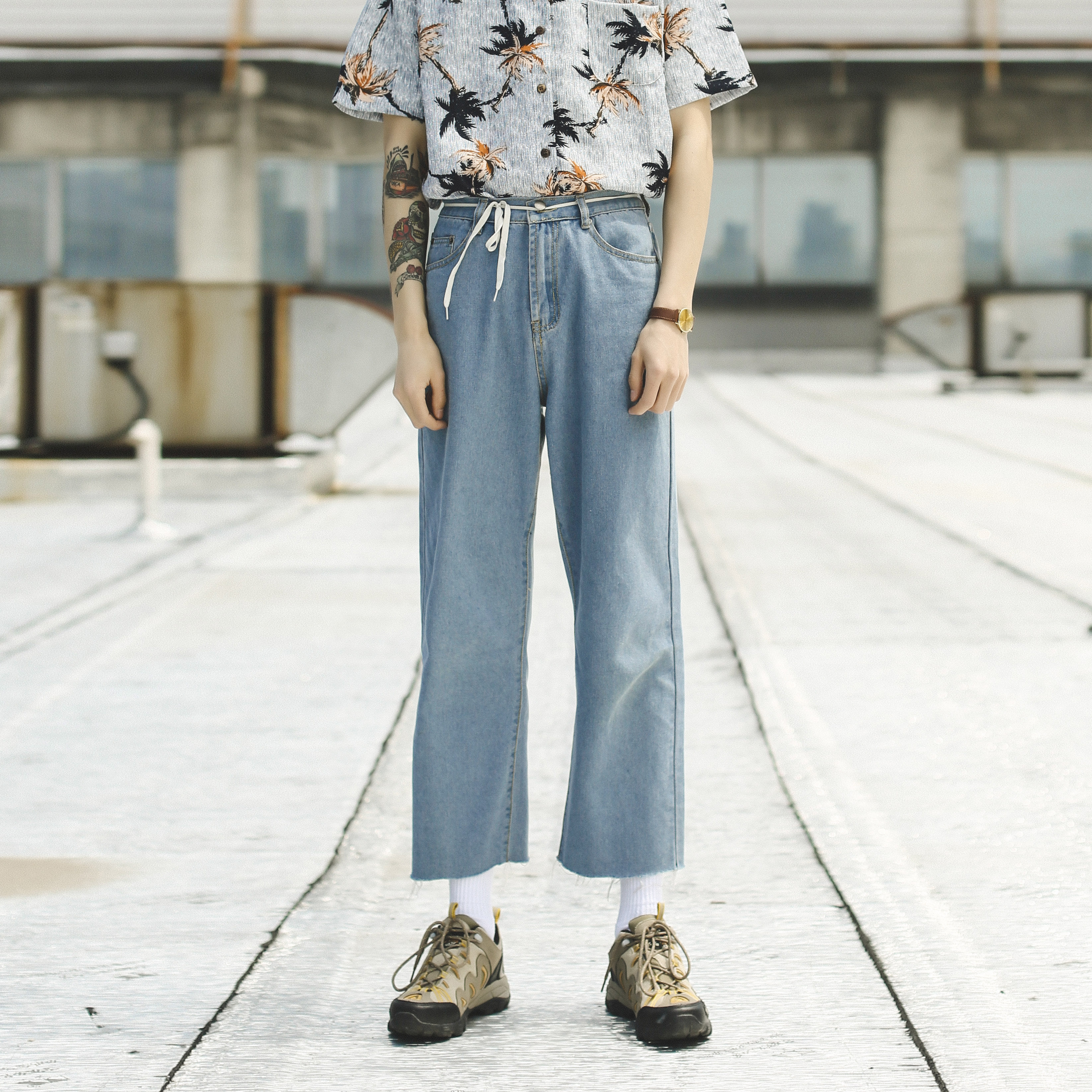 LEISILIAO/S 类司廖日系复古毛边剪裁设计休闲百搭阔腿裤直筒裤