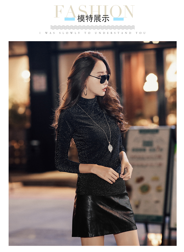 Áo sơ mi nữ tay dài tay lụa sáng màu áo thun mùa thu và mùa đông màu vàng và bạc lưới sợi áo cánh mỏng nửa cao cổ áo ren thủy triều áo thun nữ hàng hiệu