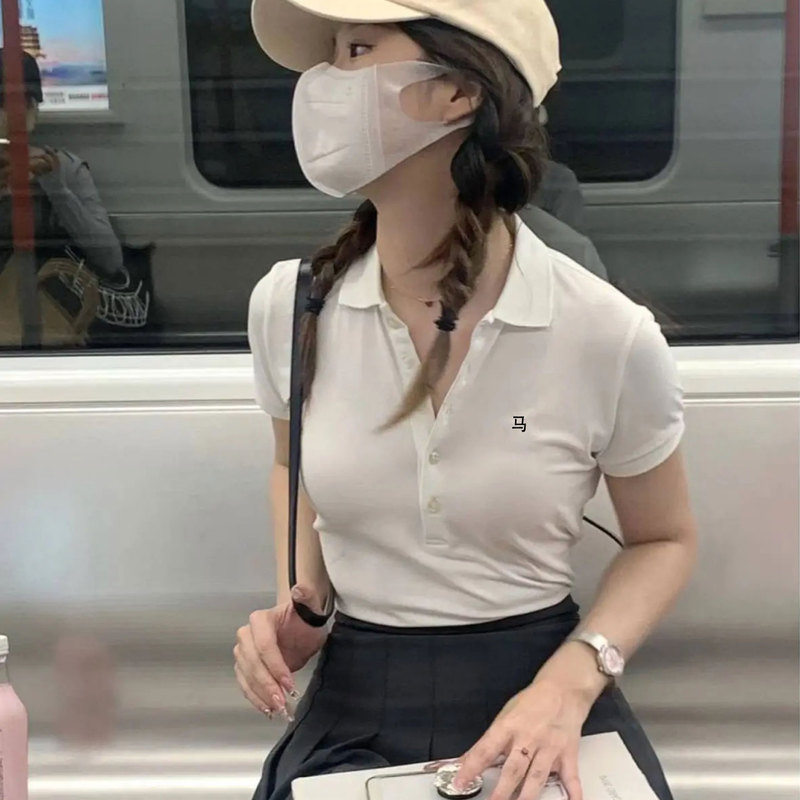 High-Quality ~ Polo Collar Short-Sleeve T-Shirt for Women, Slim Fit, Embroidered, Casual, Versatile Top for Spring and Summer