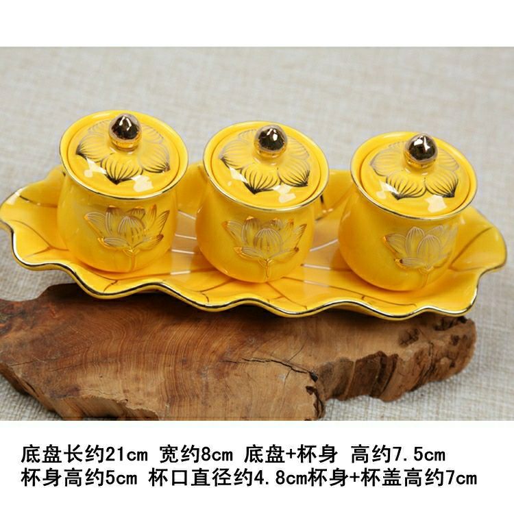 Water purification cup relief ceramic set triple cup red, yellow and white lotus water supply cup Buddha hall for cup