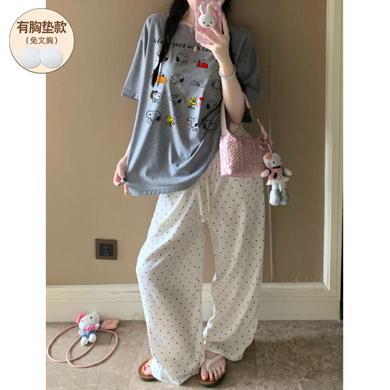 Summer Pure Cotton Pajamas for Women with Chest Pads, Short Sleeves, Long Pants, Cute Cartoon Thin Style, 2026 New Model, Home Wear, Internet Celebrity Style Summer Pure Cotton Pajamas for Women with Chest Pads, Short Sleeves, Long Pants, Cute Cartoon Thin Style, 2026 New Model, Home Wear, Internet Celebrity Style