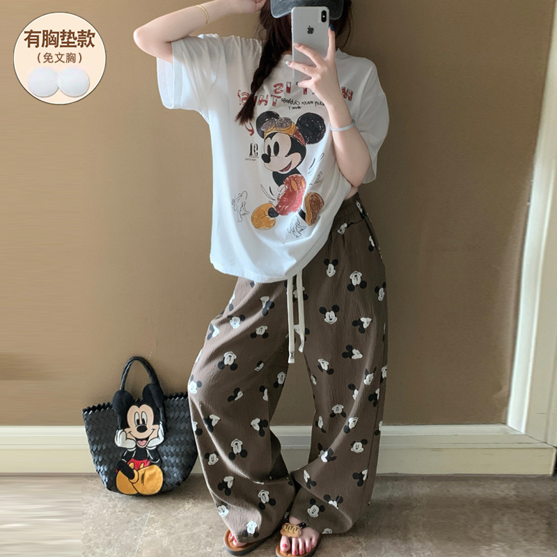 Cartoon Mickey Pajamas for Women, Summer Pure Cotton with Chest Pads, Short-Sleeved Long Pants, 2026 New Style, Can Be Worn Outside, Girls' Loungewear