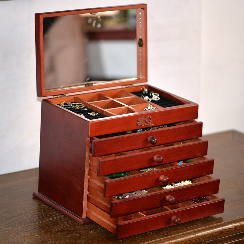 High-end luxury jewelry box solid wood princess European Korean jewelry storage box antique display rack large capacity