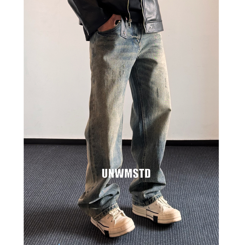 【Frosted Cement】American-Style Versatile Straight-Leg Heavy-Duty Vintage Distressed Denim Washed and Aged Men's Jeans