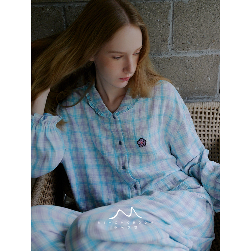 Blue Checkered Pure Cotton Patchwork Embroidered Double-Layer Gauze Plaid Lace Long-Sleeved Long Pants Pajamas Loungewear Set 2026 Autumn Blue Checkered Pure Cotton Patchwork Embroidered Double-Layer Gauze Plaid Lace Long-Sleeved Long Pants Pajamas Loungewear Set 2026 Autumn