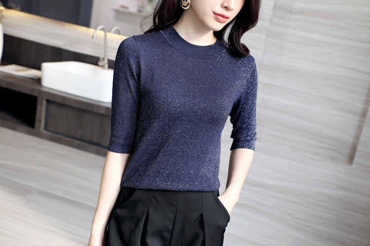 Phiên bản Hàn Quốc của tay áo lụa sáng màu hoang dã lụa bạc đan đáy áo mùa xuân và mùa thu sáng bóng bên trong áo lót cổ tròn của phụ nữ áo khoác len nữ
