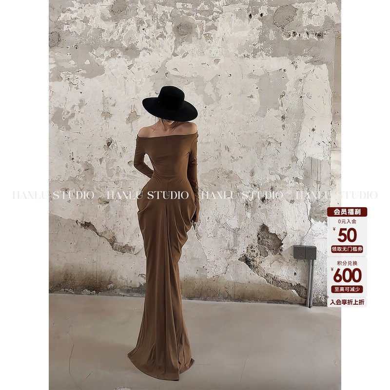 Hanlustudio Brand Long-Sleeved Dress with Drapey Earth Tones, Elegant Off-The-Shoulder Long Dress, Formal Dress