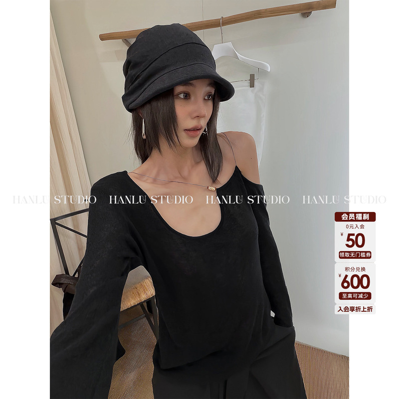 Hanlustudio Brand 26Fw Deconstructed Wool Base Layer Versatile Classic Fashionable Black Knit Top