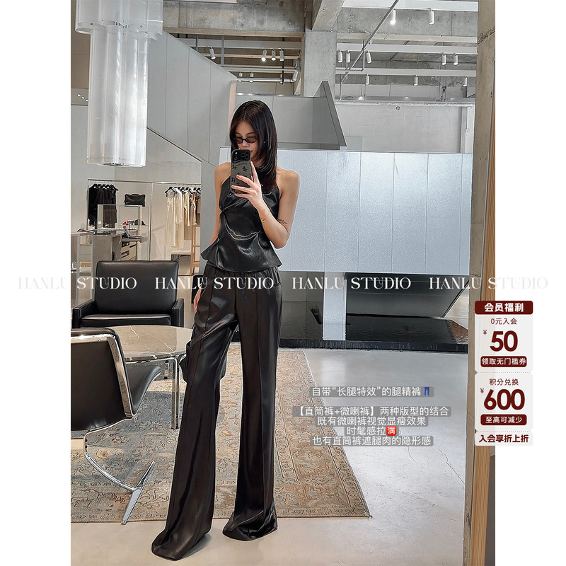 Hanlustudio Brand 26Fw Leg-Enhancing Pants with Elastic Waist, Proportion-Enhancing Straight-Leg Flared Pants, Black Long Pants Hanlustudio Brand 26Fw Leg-Enhancing Pants with Elastic Waist, Proportion-Enhancing Straight-Leg Flared Pants, Black Long Pants