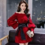 Mùa thu 2018 mới Hàn Quốc khí chất gợi cảm quây từ cổ áo phồng tay áo eo thon nữ đầm xoắn eo cao cấp