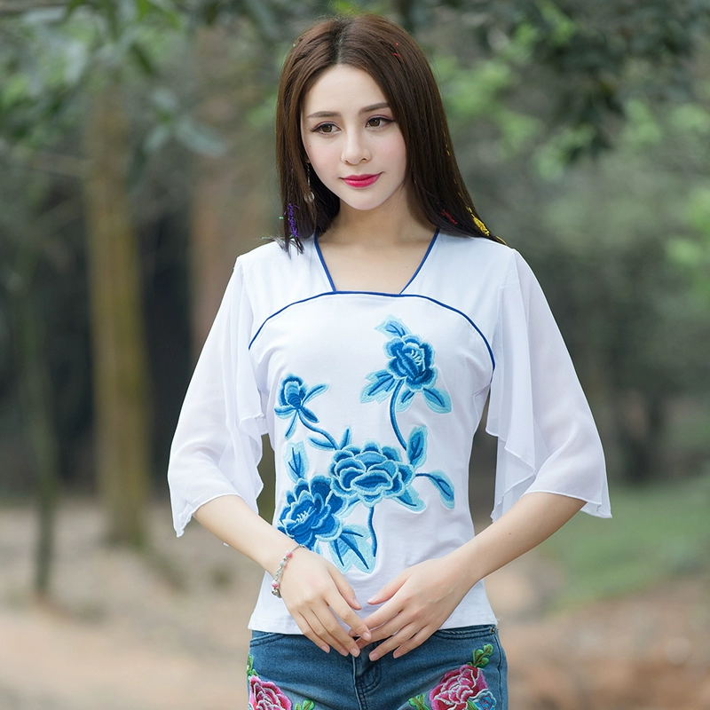 Mùa hè mới 2020 phong cách Trung Quốc nhỏ của phụ nữ áo sơ mi thêu tươi nhỏ Slim retro thêu áo thun ngắn tay - Áo phông