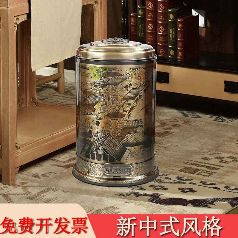 Yili Home-Style Creative Retro Bathroom Trash Can for Household Use, Living Room, Light Luxury, High-End Kitchen with Lid, High Aesthetic Value