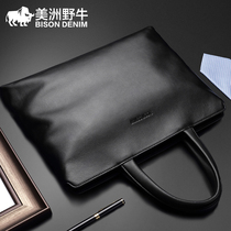 American bison Business Mens bag leather Hand bag mens head layer cowhide casual business Horizontal Mens briefcase
