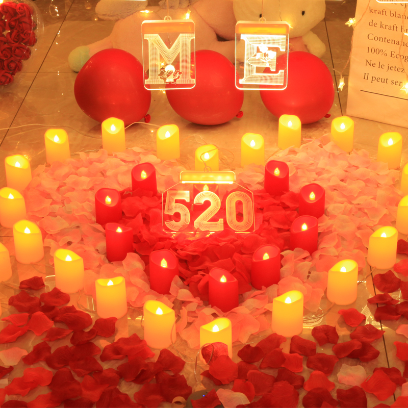 Courted Wedding Scene Placement Indoor Creative Net Red Table White Sue White Balloon Romantic Birthday Candle Light String Prop Decoration