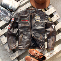 Ami khaki leather jacket mens retro distressed cowhide stand-up collar slim multi-label J100 motorcycle leather jacket