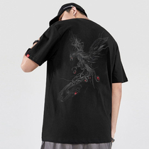 Tide brand phoenix embroidered short-sleeved T-shirt mens summer Chinese style loose cotton half-sleeved shirt trend Joker top