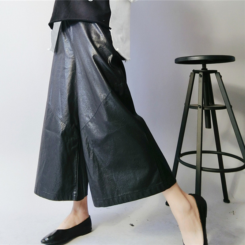 Women's Faux Leather Wide-Leg Pants, Nine-Tenths Length, European Style, Pu Leather Pants for Women, New Style Skirt Pants, High-Waisted, Korean Style, Loose Fit, Autumn and Winter, Wide-Leg Pants