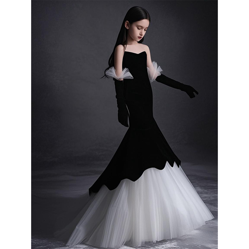 Black Girl's Dress for Catwalk Host, Stage Performance Outfit, Small Train Princess Dress, Light Luxury, Niche, High-End, Long Style Black Girl's Dress for Catwalk Host, Stage Performance Outfit, Small Train Princess Dress, Light Luxury, Niche, High-End, Long Style