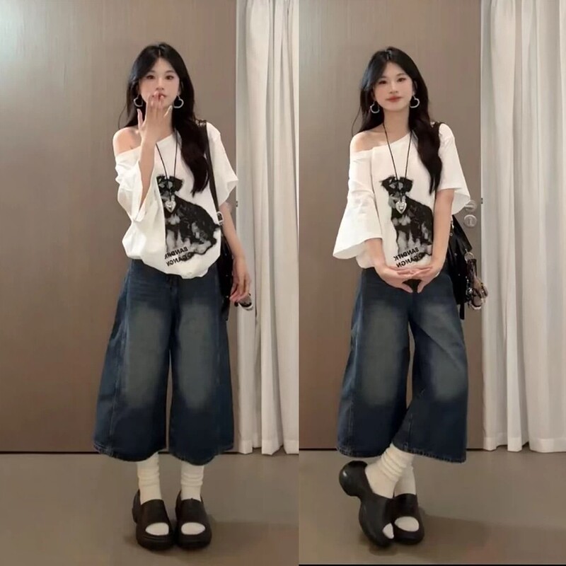 American-Style Spicy Girl Outfit for Women, Summer Loose Short-Sleeved Denim Capri Pants Two-Piece Set, Beautiful and Unique Dopamine Fashion