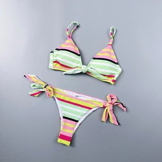 Amber彩虹色条纹细肩带分体游泳衣性感系带三角比基尼度假带胸垫