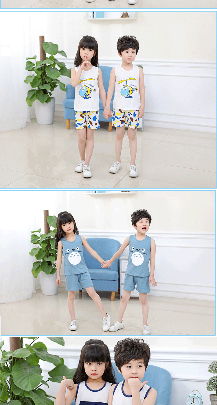 Trẻ em mùa hè cotton không tay vest phù hợp với chàng trai và cô gái quần short bé trẻ em của dịch vụ nhà 2 bộ