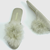 Spring new satin wool slippers womens Baotou half slippers low-heeled flat shoes fairy hair ball womens shoes