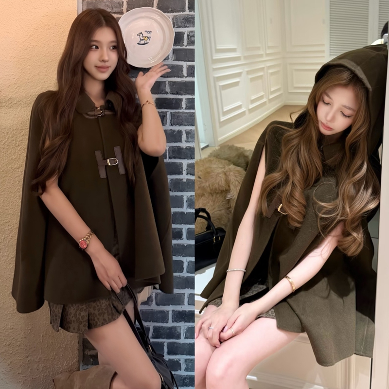 Same Style as Svv, Cape Chocolate Coat, Melard Style Detachable Hood Woolen Coat, Women's Mid-Length Coat