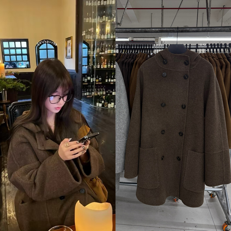 Svv's Same Style Chocolate Wool Coat for Women, Autumn and Winter Thickened Warm Hooded Mid-Length Coat with a High-End Feel
