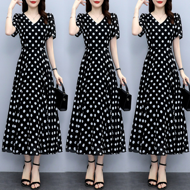 2023 summer new fashion French polka dot silk dress large size waist slimming temperament mulberry silk dress