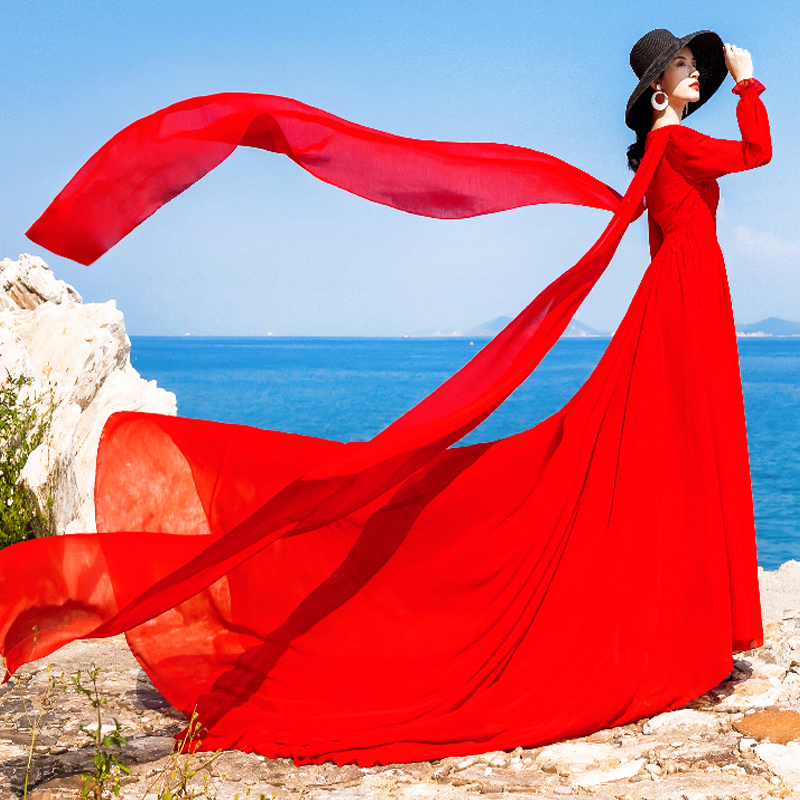 Seaside Vacation, Beach, Desert Vacation, Photo Shoot, Travel, Fairy-Like Temperament, Extra-Long Silk Mulberry Silk Dress