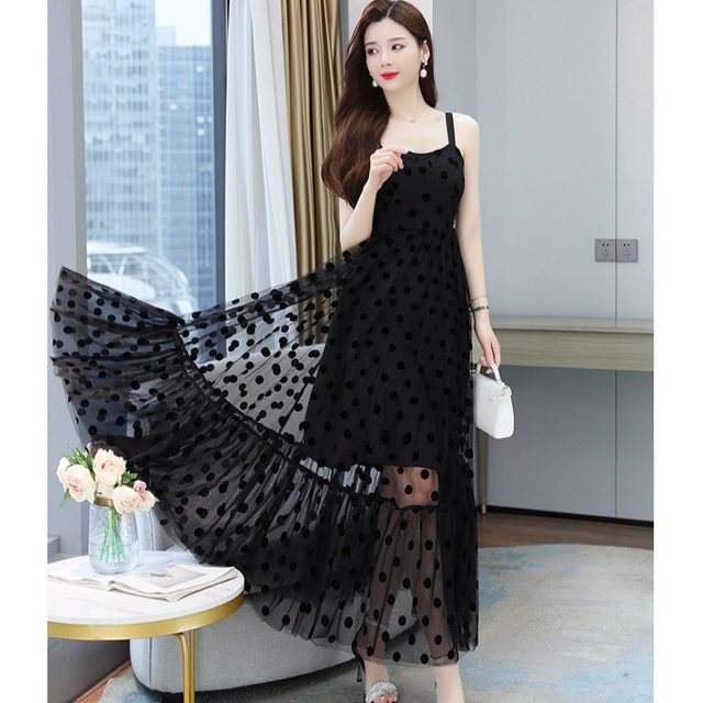 2023 summer new temperament goddess fan high-end silk mulberry silk dress black suspender skirt big swing long skirt