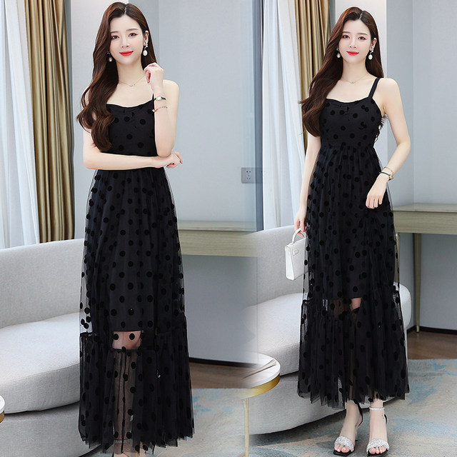 2023 summer new temperament goddess fan high-end silk mulberry silk dress black suspender skirt big swing long skirt
