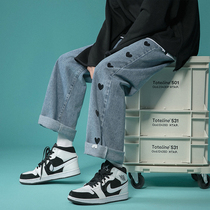 Mint planet love print denim pants girl spring and autumn retro loose straight chic daddy pants tide