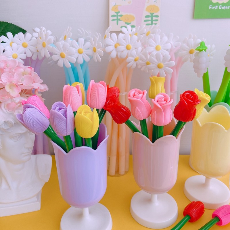 South Korea Ins with Teenage Girl Hearts Tulip Flower Rose Pen Emulation Flower Ballpoint Pen Little Fresher Student Black Pen