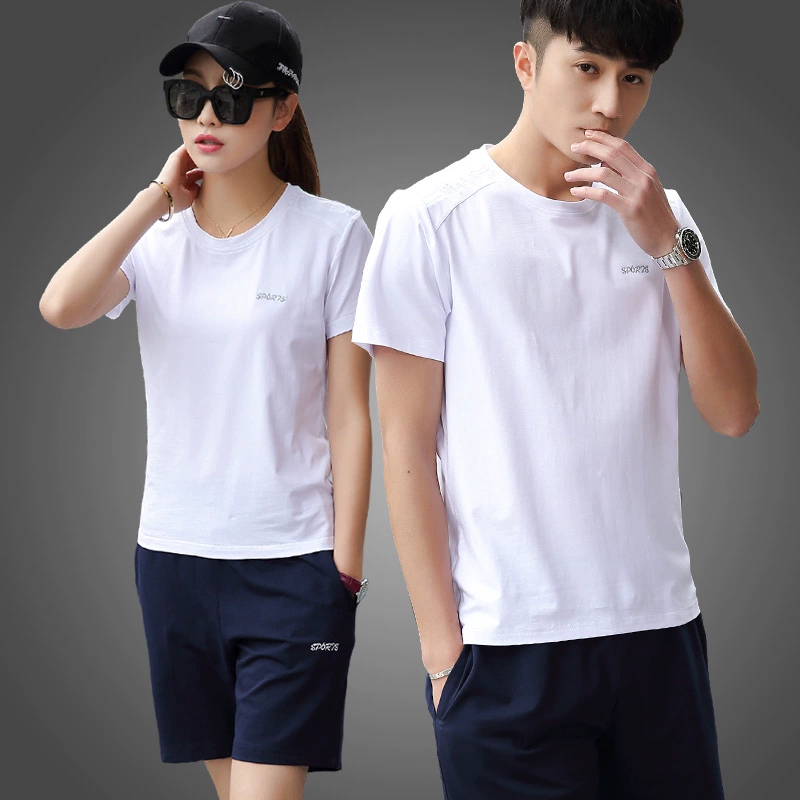 Những người yêu thích phù hợp với mùa hè cộng với kích thước quần short cotton ngắn tay áo thun cổ tròn nam và nữ mùa hè chạy trang phục thể thao giản dị - Bộ đồ