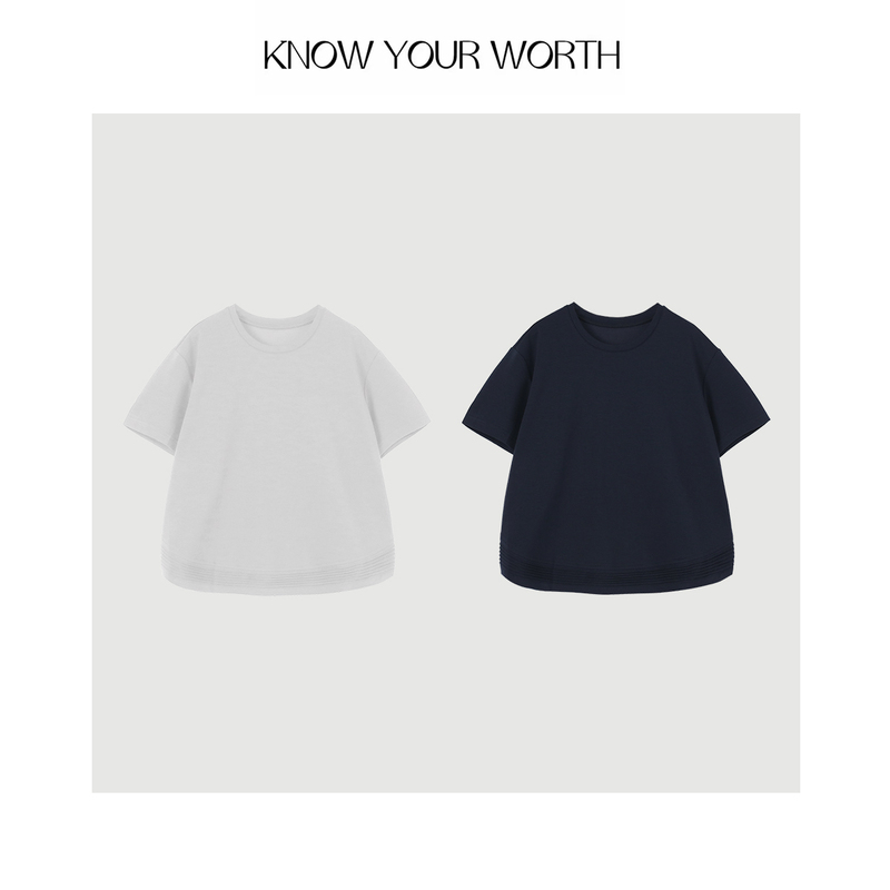 Caicai Summer Slightly Flared Pleated Hem Drop Shoulder Round Neck Short Sleeve Commuter Versatile Slimming Casual T-Shirt