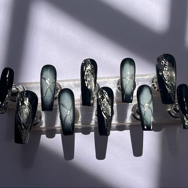Gothic Series Handmade Dark Nail Art Metal Three-Dimensional High-End Cool and Spicy Finished Wearable Nails Medium-Long Black Series Gothic Series Handmade Dark Nail Art Metal Three-Dimensional High-End Cool and Spicy Finished Wearable Nails Medium-Long Black Series